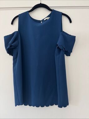 Scallop-Trim Cold-Shoulder Blouse in Deep Blue, Cooper and Ella brand. Size M